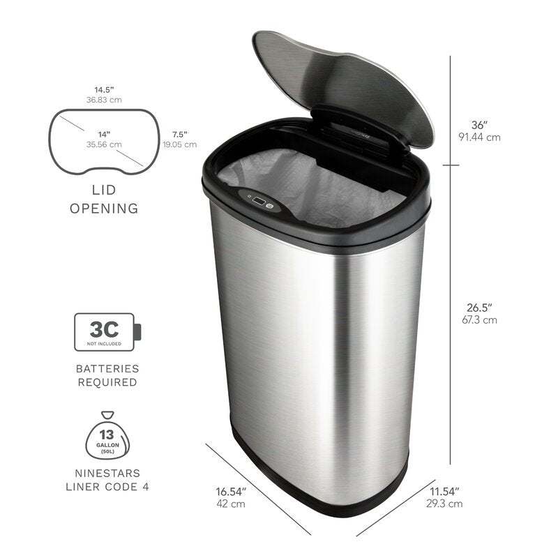 Nine Stars Stainless Steel 13.2 Gallon Motion Sensor ABS Plastic Trash Can