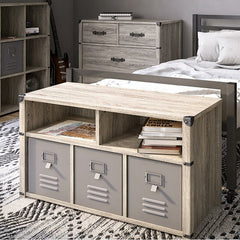 Cubby Storage Bench 2 Open Storage Cubbies On Top and 3 Lower Cubbies for Bins, 3 Locker Style Fabric Bins with Metal Fronts