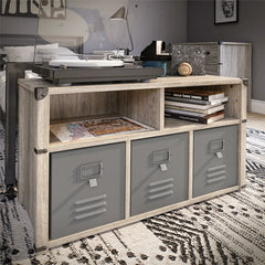 Cubby Storage Bench 2 Open Storage Cubbies On Top and 3 Lower Cubbies for Bins, 3 Locker Style Fabric Bins with Metal Fronts