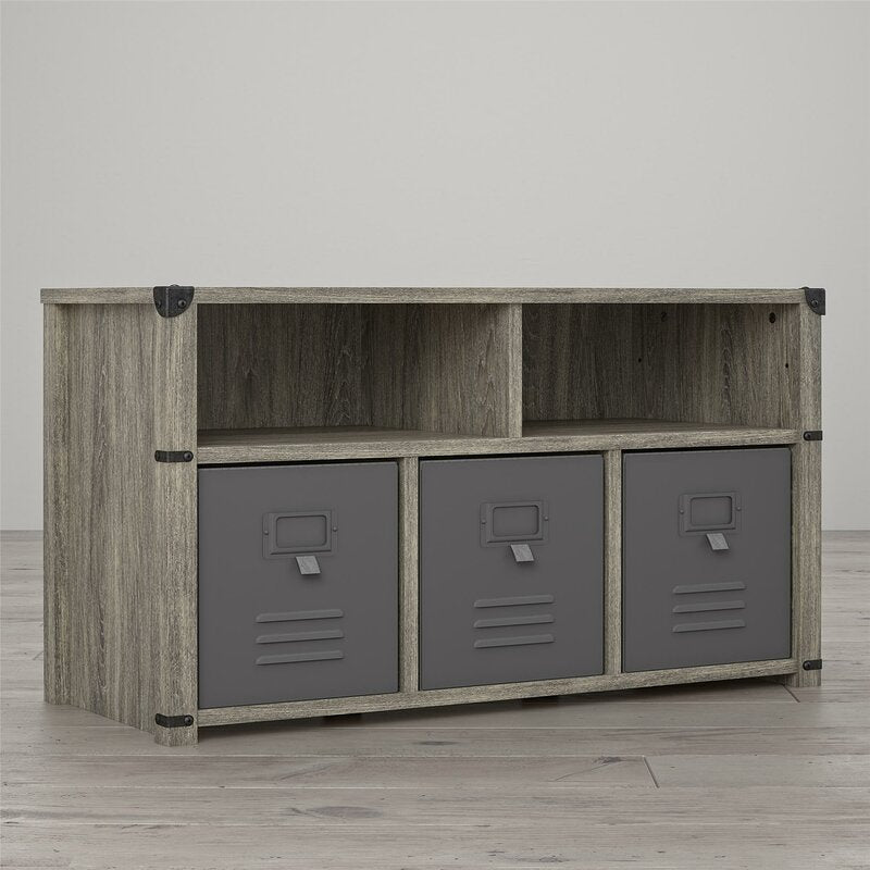 Cubby Storage Bench 2 Open Storage Cubbies On Top and 3 Lower Cubbies for Bins, 3 Locker Style Fabric Bins with Metal Fronts