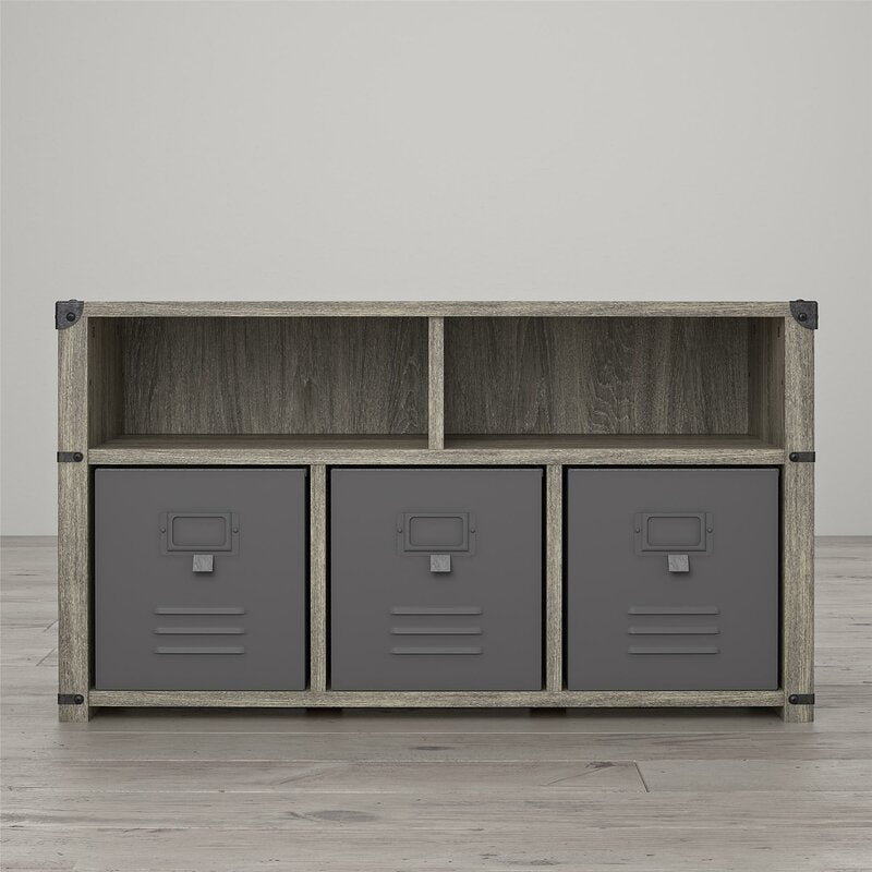 Cubby Storage Bench 2 Open Storage Cubbies On Top and 3 Lower Cubbies for Bins, 3 Locker Style Fabric Bins with Metal Fronts