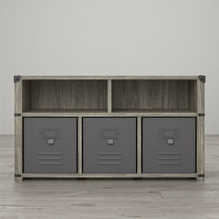 Cubby Storage Bench 2 Open Storage Cubbies On Top and 3 Lower Cubbies for Bins, 3 Locker Style Fabric Bins with Metal Fronts