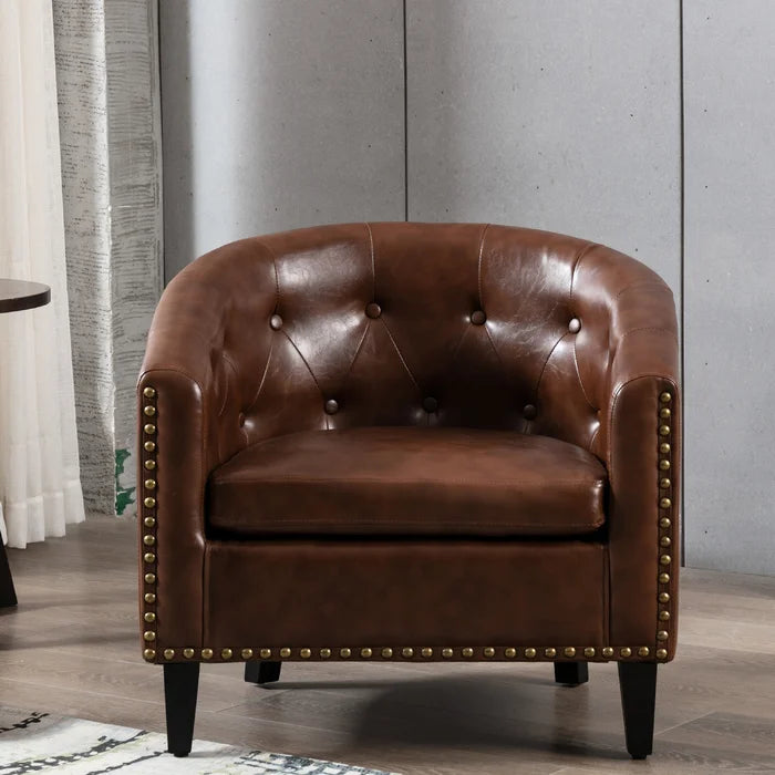 Dark Brown 28.6'' Wide Tufted Barrel Chair Curved Edges Provide Comfortable Seat