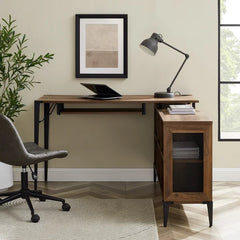 Rustic Oak Onamia L-Shape Desk with Cable Management and Keyboard Tray Manufactured Wood