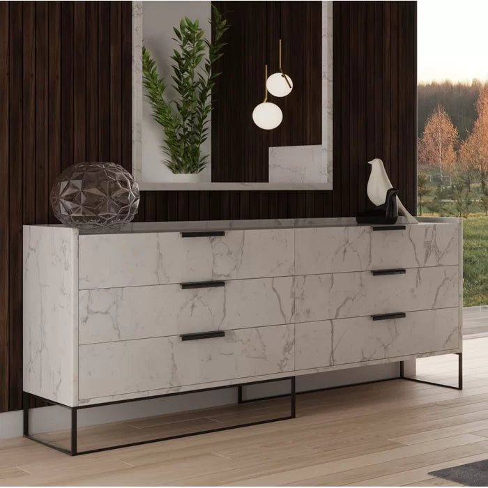 Faux marble finish White Osaze 6 Drawer W Double Dresser with Mirror