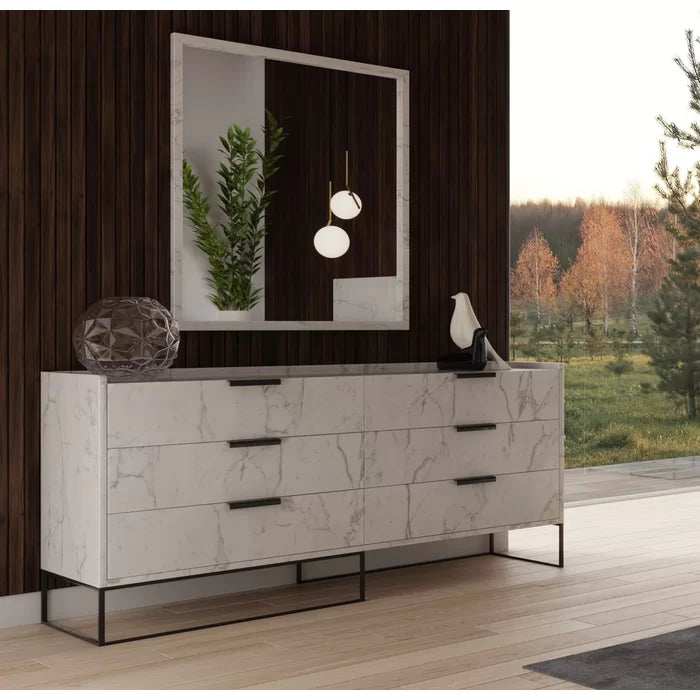 Faux marble finish White Osaze 6 Drawer W Double Dresser with Mirror