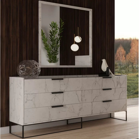 Faux marble finish White Osaze 6 Drawer W Double Dresser with Mirror