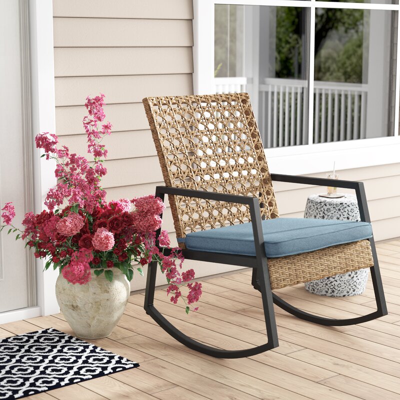 Outdoor Rocking Chair with Cushions Rattan with A Cane Weave Pattern on the Backrest Great in your Backyard Or By The Pool