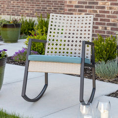 Outdoor Rocking Chair with Cushions Rattan with A Cane Weave Pattern on the Backrest Great in your Backyard Or By The Pool