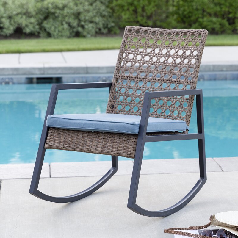 Outdoor Rocking Chair with Cushions Rattan with A Cane Weave Pattern on the Backrest Great in your Backyard Or By The Pool
