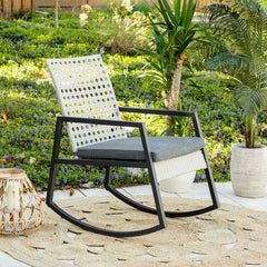 Outdoor Rocking Chair with Cushions Rattan with A Cane Weave Pattern On The Backrest Great in your Backyard Or By The Pool