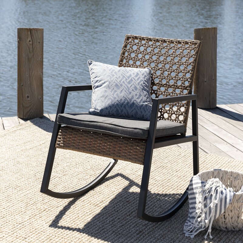 Outdoor Rocking Chair with Cushions Rattan with A Cane Weave Pattern On the Backrest Great in your Backyard Or By The Pool