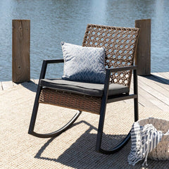 Outdoor Rocking Chair with Cushions Rattan with A Cane Weave Pattern On the Backrest Great in your Backyard Or By The Pool