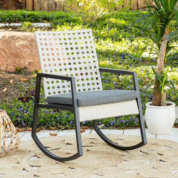 Outdoor Rocking Chair with Cushions Rattan with A Cane Weave Pattern On The Backrest Great in your Backyard Or By The Pool