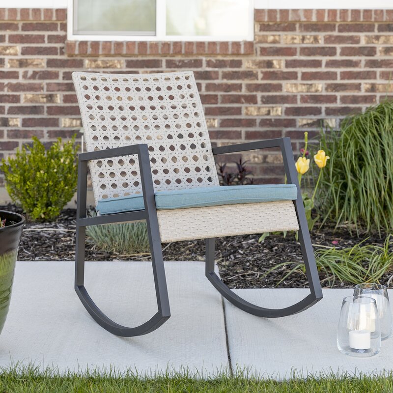 Outdoor Rocking Chair with Cushions Rattan with A Cane Weave Pattern on the Backrest Great in your Backyard Or By The Pool