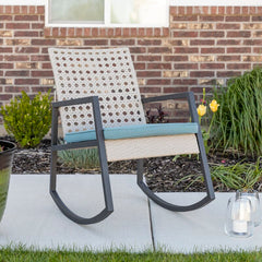 Outdoor Rocking Chair with Cushions Rattan with A Cane Weave Pattern on the Backrest Great in your Backyard Or By The Pool