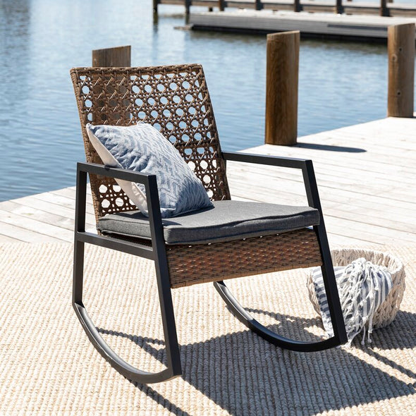 Outdoor Rocking Chair with Cushions Rattan with A Cane Weave Pattern On the Backrest Great in your Backyard Or By The Pool