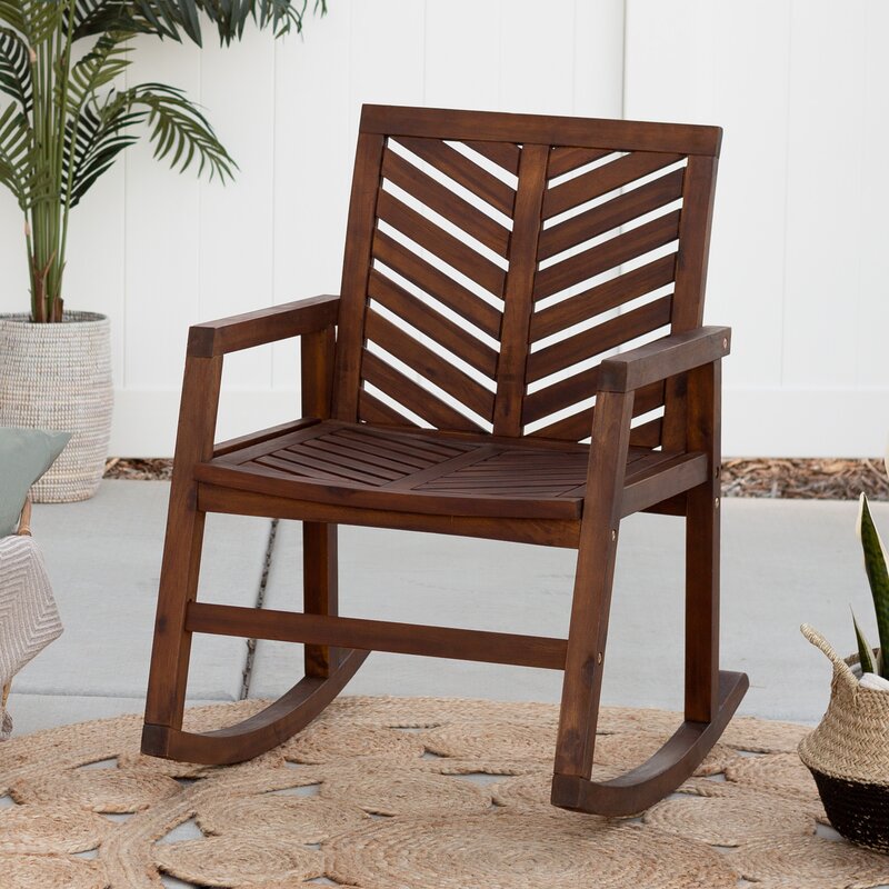 Dark Brown Outdoor Rocking Solid Wood Chair Chevron Pattern on the Back and Seat