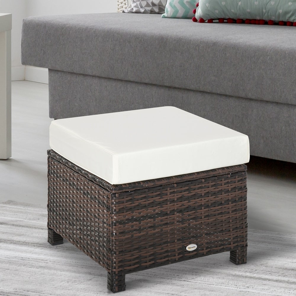 Modern Rectangle Rattan Wicker Ottoman Footrest with Removable Cushion