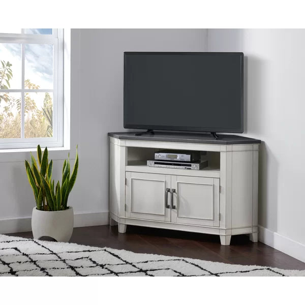 White/Gray Paille Corner TV Stand for TVs up to 55" Solid Engineered Wood with Cable Management