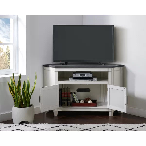 White/Gray Paille Corner TV Stand for TVs up to 55" Solid Engineered Wood with Cable Management