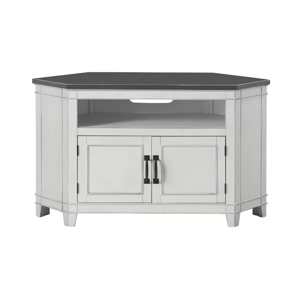 White/Gray Paille Corner TV Stand for TVs up to 55" Solid Engineered Wood with Cable Management