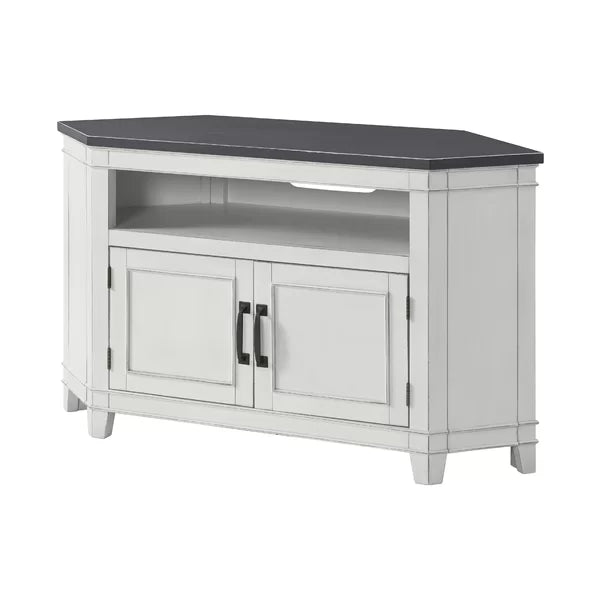 White/Gray Paille Corner TV Stand for TVs up to 55" Solid Engineered Wood with Cable Management