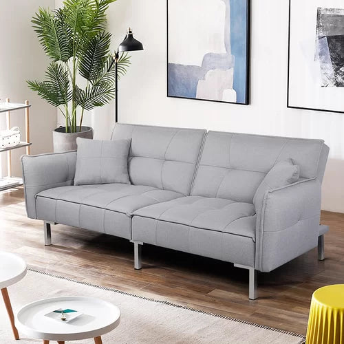 Gray Linen Palmgrass Full 77.95'' Wide Linen Tufted Back Convertible Sofa