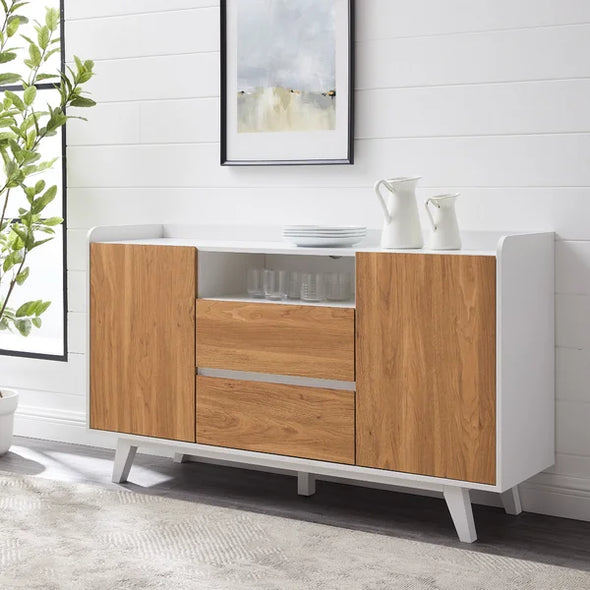 English Oak/White Palomino 58'' Wide 2 Drawer Sideboard Adjustable Shelves Provide Strorage Space