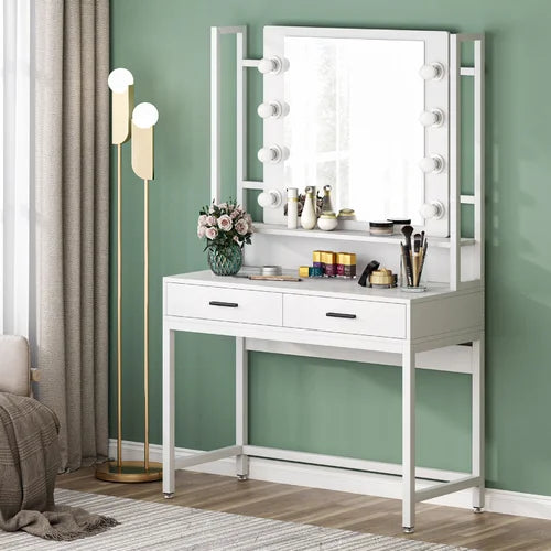 White Paralimni 35.43'' Wide Vanity with Mirror Solid Manufactured Wood