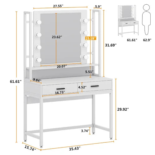 White Paralimni 35.43'' Wide Vanity with Mirror Solid Manufactured Wood