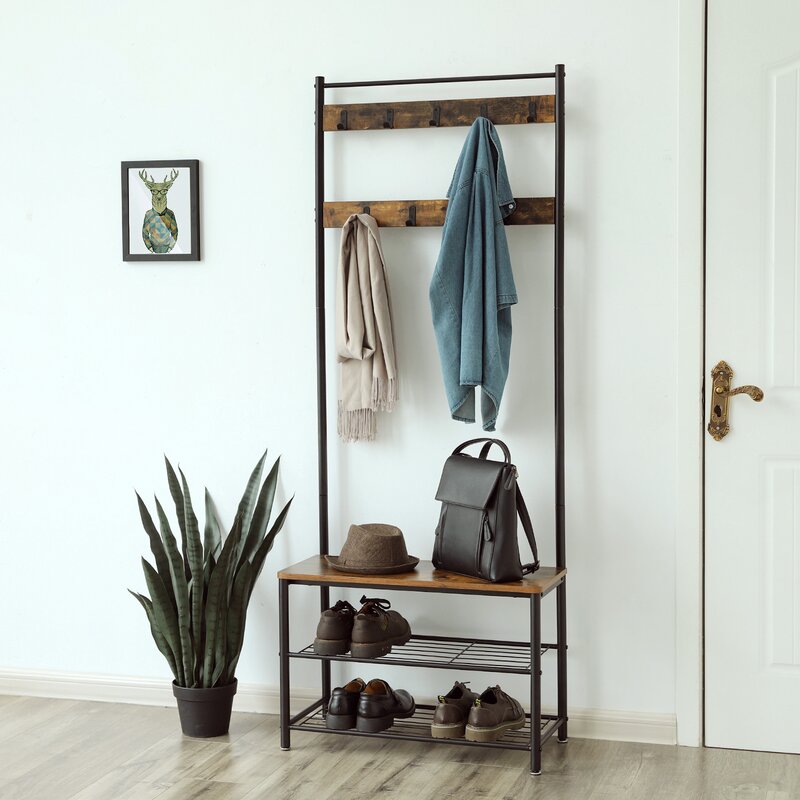 Black/Brown 27.6'' Wide Hall Tree with Bench and Shoe Storage Perfect for Adding A Little Organization and Industrial Flair to your Entryway