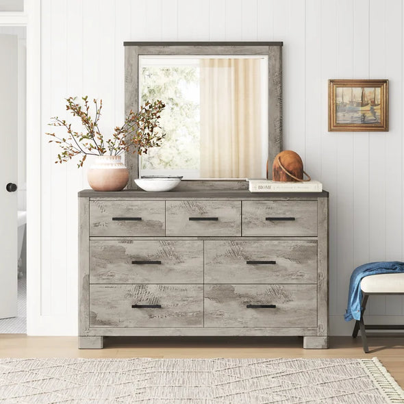 Payne 7 Drawer 61'' W Double Dresser with Mirror Distressed Finish