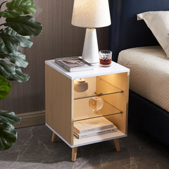 Natural/White Pelto 22.4'' Tall Nightstand with LED lights 3 Storage Shel