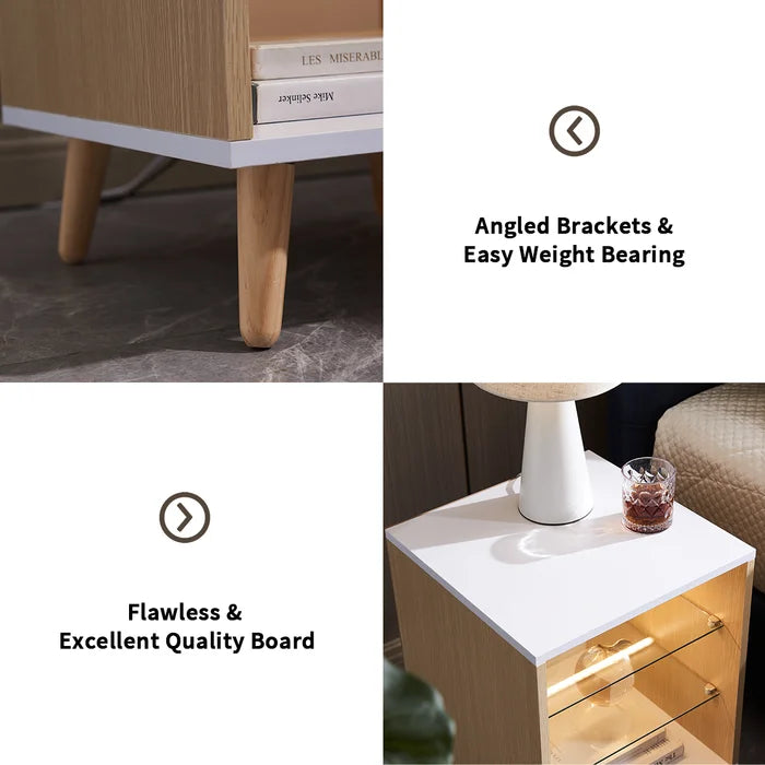 Natural/White Pelto 22.4'' Tall Nightstand with LED lights 3 Storage Shel