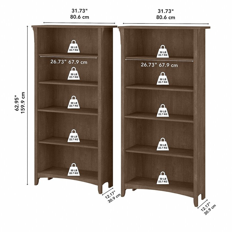 Ash Brown 63'' H x 32'' W Standard Bookcase (Set of 2) 5 Shelf Bookcase Set of 2 Brings Comfortable Storage and Display to Any Room in your Home