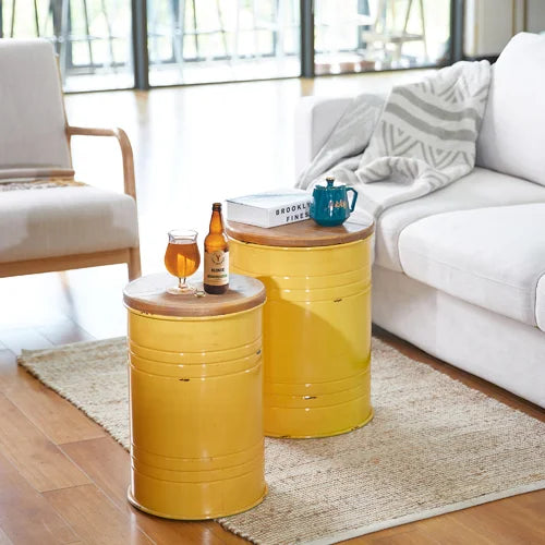 Yellow Pieper Iron Accent Stool 2 Piece Storage Accent Stool Set Made From High-Density Solid Wood and Iron