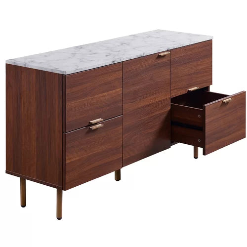 Pinecone 4 Drawer Buffet Table Faux Marble Table Top and a Walnut Stained Wood