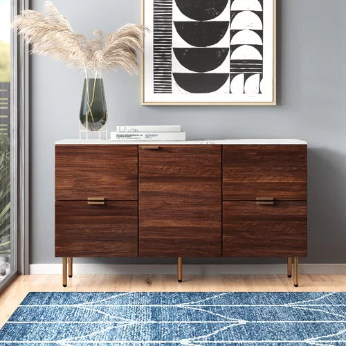 Pinecone 4 Drawer Buffet Table Faux Marble Table Top and a Walnut Stained Wood