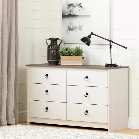 White Wash/Weathered Oak Plenny 6 Drawer 52'' W Solid Wood Double Dresser