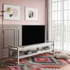 Solid Wood with Sturdy White Metal Legs Poly TV Stand for TVs up to 75" Perfect for Living Room