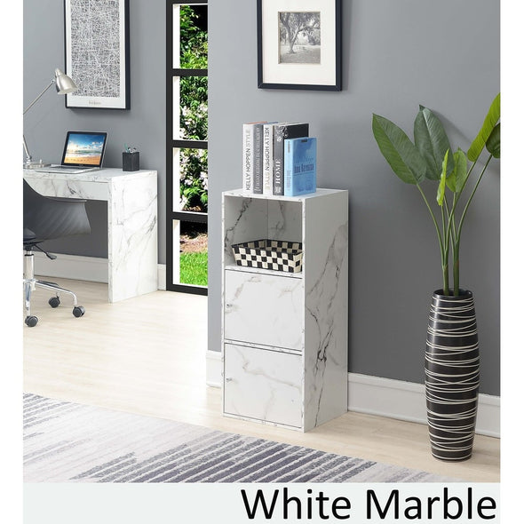 2-Door Storage Cabinet - White Faux Marble Additional Space for Office Essentials