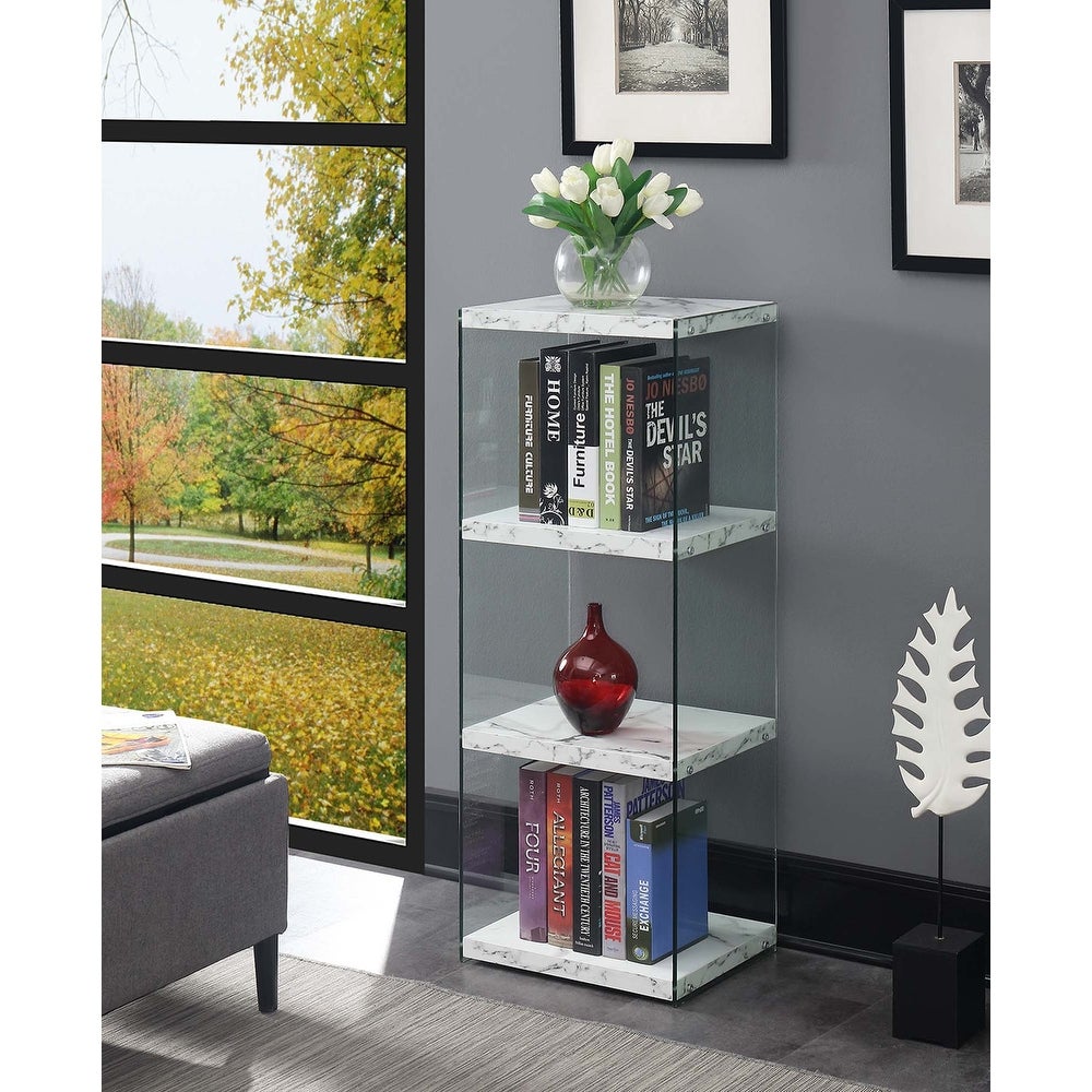 4-tier Wood and Glass Tower Bookcase - White Faux Marble Perfect Addition to your Home