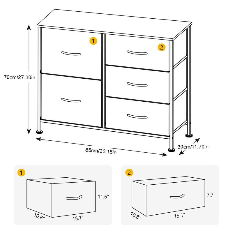 5 Drawer Storage Chest Easy to Assemble  5 Easy-to-Pull Fabric Drawers