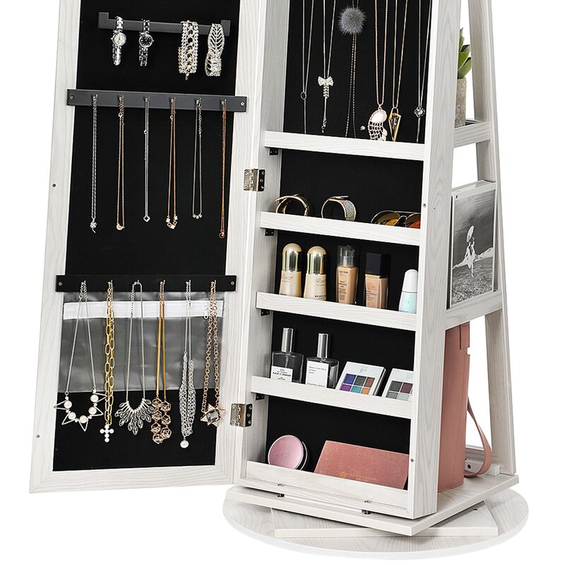 White/Light Gray Jewelry Armoire with Mirror Spacious Jewelry Cabinet is Specially