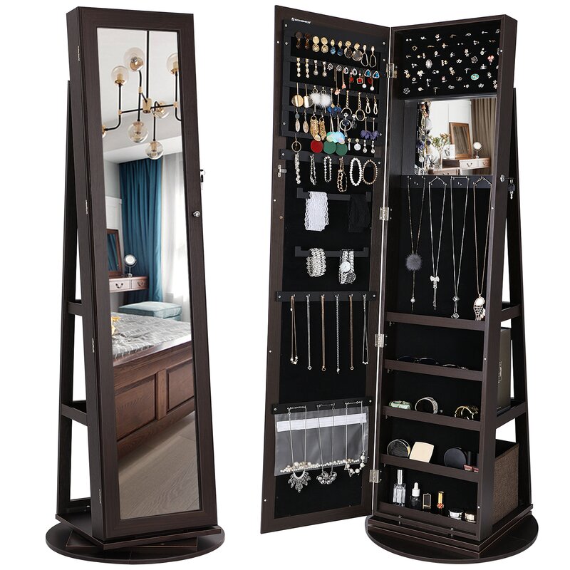 1 - Brown Jewelry Armoire with Mirror Spacious Jewelry Cabinet is Specially Designed for Jewelry Lovers 5 Compartments Can