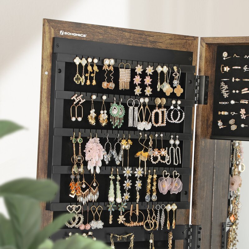 Rustic Brown Jewelry Armoire Mirror Spacious Cabinet