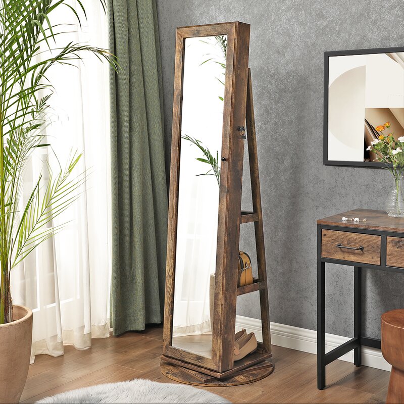Rustic Brown Jewelry Armoire Mirror Spacious Cabinet