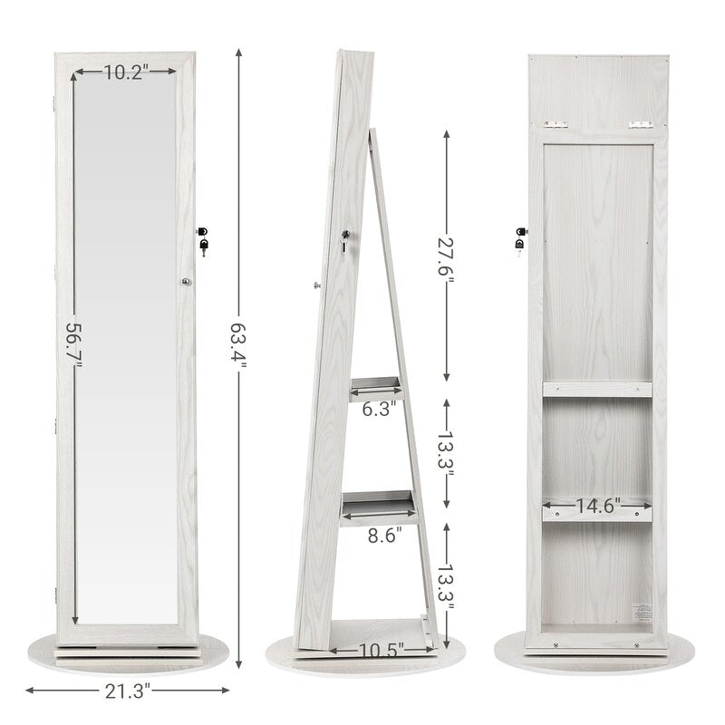 White/Light Gray Jewelry Armoire with Mirror Spacious Jewelry Cabinet is Specially