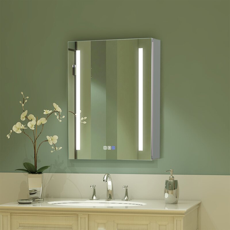 Recessed or Surface Mount Frameless 1 Door Medicine Cabinet with 3 Adjustable Shelves and LED Lighting and Electrical Outle